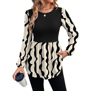 WIHOLL Women’s Long Sleeve Tunic Tops Crew Neck Babydoll Peplum Blouses Fall Fashion 2026(Black Apricot Abstract)
