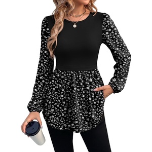WIHOLL Women’s Long Sleeve Tunic Tops Crew Neck Babydoll Peplum Blouses Fall Fashion 2026(Black Floral)