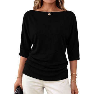 WIHOLL Women’s Off the Shoulder Sweater Boat Neck 3/4 Sleeve Pullover Knit Tops(Black)