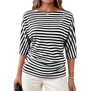 WIHOLL Women’s Off the Shoulder Sweater Boat Neck 3/4 Sleeve Pullover Knit Tops(Black Striped)