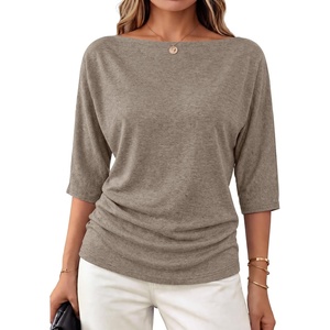 WIHOLL Women’s Off the Shoulder Sweater Boat Neck 3/4 Sleeve Pullover Knit Tops(Brown)