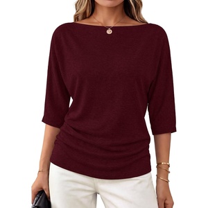 WIHOLL Women’s Off the Shoulder Sweater Boat Neck 3/4 Sleeve Pullover Knit Tops(Purplewine)