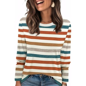 WIHOLL Womens Striped Long Sleeve Shirts Fall Outfits 2026 Color Block Tops Fashion Clothing Ribbed Crewneck Tee Blouses(A-orange Stripe)
