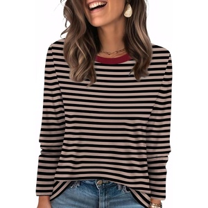 WIHOLL Womens Striped Long Sleeve Shirts Fall Outfits 2026 Color Block Tops Fashion Clothing Ribbed Crewneck Tee Blouses(B-coffee Stripe)