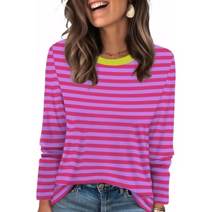 WIHOLL Womens Striped Long Sleeve Shirts Fall Outfits 2026 Color Block Tops Fashion Clothing Ribbed Crewneck Tee Blouses(B-hot Pink)
