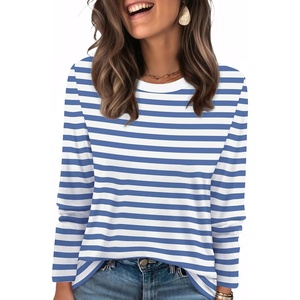 WIHOLL Womens Striped Long Sleeve Shirts Fall Outfits 2026 Color Block Tops Fashion Clothing Ribbed Crewneck Tee Blouses(C-blue White)