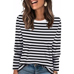 WIHOLL Womens Striped Long Sleeve Shirts Fall Outfits 2026 Color Block Tops Fashion Clothing Ribbed Crewneck Tee Blouses(D-black White)