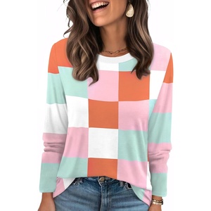 WIHOLL Womens Striped Long Sleeve Shirts Fall Outfits 2026 Color Block Tops Fashion Clothing Ribbed Crewneck Tee Blouses(F-orange Plaid)