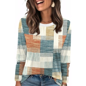 WIHOLL Womens Striped Long Sleeve Shirts Fall Outfits 2026 Color Block Tops Fashion Clothing Ribbed Crewneck Tee Blouses(G-orange and Blue Plaid)