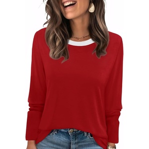 WIHOLL Womens Striped Long Sleeve Shirts Fall Outfits 2026 Color Block Tops Fashion Clothing Ribbed Crewneck Tee Blouses(G-red)