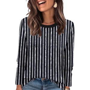 WIHOLL Womens Striped Long Sleeve Shirts Fall Outfits 2026 Color Block Tops Fashion Clothing Ribbed Crewneck Tee Blouses(H-black Stripes)