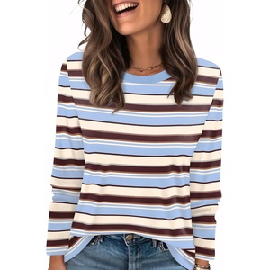 WIHOLL Womens Striped Long Sleeve Shirts Fall Outfits 2026 Color Block Tops Fashion Clothing Ribbed Crewneck Tee Blouses(H-blue Brown Stripe)