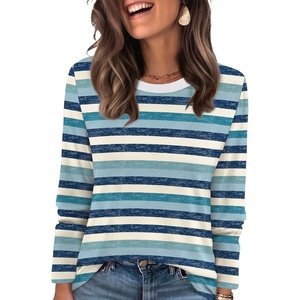 WIHOLL Womens Striped Long Sleeve Shirts Fall Outfits 2026 Color Block Tops Fashion Clothing Ribbed Crewneck Tee Blouses(H-blue Stripes)