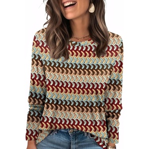 WIHOLL Womens Striped Long Sleeve Shirts Fall Outfits 2026 Color Block Tops Fashion Clothing Ribbed Crewneck Tee Blouses(H-brown Khaki Wave)