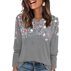 WIHOLL Womens Striped Long Sleeve Shirts Fall Outfits 2026 Color Block Tops Fashion Clothing Ribbed Crewneck Tee Blouses(H-floral Grey)