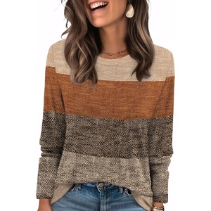WIHOLL Womens Striped Long Sleeve Shirts Fall Outfits 2026 Color Block Tops Fashion Clothing Ribbed Crewneck Tee Blouses(H-khaki Stripe)