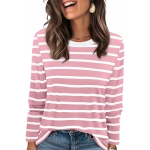 WIHOLL Womens Striped Long Sleeve Shirts Fall Outfits 2026 Color Block Tops Fashion Clothing Ribbed Crewneck Tee Blouses(H-pink Stripes)