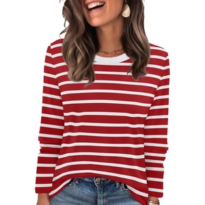 WIHOLL Womens Striped Long Sleeve Shirts Fall Outfits 2026 Color Block Tops Fashion Clothing Ribbed Crewneck Tee Blouses(H-red Stripes)