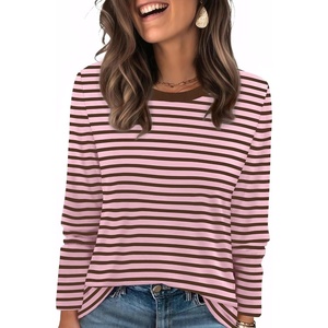 WIHOLL Womens Striped Long Sleeve Shirts Fall Outfits 2026 Color Block Tops Fashion Clothing Ribbed Crewneck Tee Blouses(H-rusty Rose Stripe)