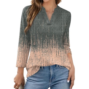 WIHOLL Womens Tops 3/4 Length Sleeve V Neck Shirts Dressy Casual Pleated Blouses Fall Vacation Fashion Trendy Clothes(1-tie-dye Coral)
