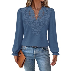 WIHOLL Womens Tops Lace Long Sleeve Tops for Women Boho V Neck Blouses(01 – Blue)
