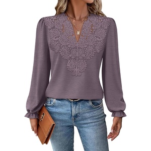 WIHOLL Womens Tops Lace Long Sleeve Tops for Women Boho V Neck Blouses(01 – Mocha Grey Purple)