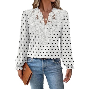 WIHOLL Womens Tops Lace Long Sleeve Tops for Women Boho V Neck Blouses(02 – Black Polka Dot)