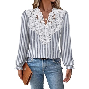 WIHOLL Womens Tops Lace Long Sleeve Tops for Women Boho V Neck Blouses(02 – Blue White Stripe)