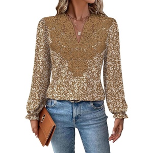 WIHOLL Womens Tops Lace Long Sleeve Tops for Women Boho V Neck Blouses(02 – Khaki Floral)