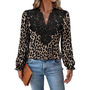 WIHOLL Womens Tops Lace Long Sleeve Tops for Women Boho V Neck Blouses(02 – Leopard)