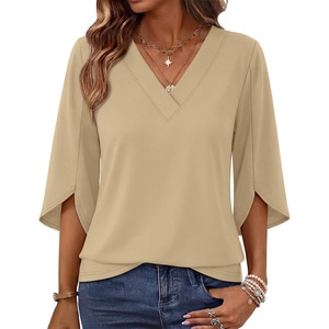 WIHOLL Womens Tops Summer Outfits 2026 V Neck Shirts Womens Blouses Dressy Casual Bell Sleeve Fashion Clothing(01 Beige)