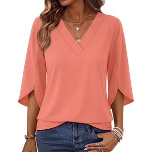 WIHOLL Womens Tops Summer Outfits 2026 V Neck Shirts Womens Blouses Dressy Casual Bell Sleeve Fashion Clothing(01 Coral)