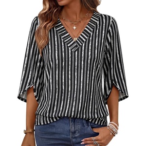 WIHOLL Womens Tops Summer Outfits 2026 V Neck Shirts Womens Blouses Dressy Casual Bell Sleeve Fashion Clothing(02 Striped Black)