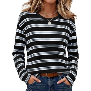 Wiholl Long Sleeve Shirts for Women Stripe Tops Loose Oversized Fall Outfit(Black White Blue)