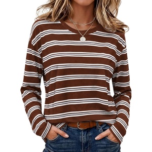 Wiholl Long Sleeve Shirts for Women Stripe Tops Loose Oversized Fall Outfit(Brown White Blue)