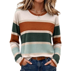 Wiholl Long Sleeve Shirts for Women Stripe Tops Loose Oversized Fall Outfit(Caramel Green)