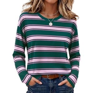 Wiholl Long Sleeve Shirts for Women Stripe Tops Loose Oversized Fall Outfit(Green Pink)