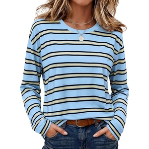Wiholl Long Sleeve Shirts for Women Stripe Tops Loose Oversized Fall Outfit(Light Blue Black)