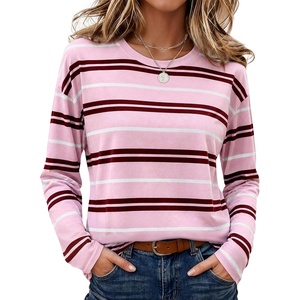 Wiholl Long Sleeve Shirts for Women Stripe Tops Loose Oversized Fall Outfit(Pink White Brown)