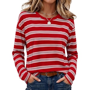Wiholl Long Sleeve Shirts for Women Stripe Tops Loose Oversized Fall Outfit(Red White)