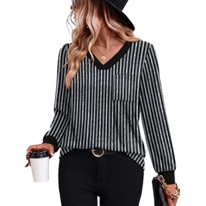 Wiholl V Neck Long Sleeve Shirts Womens Tops Dressy Casual Fall Outfits(Black White Grey Stripe)