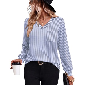 Wiholl V Neck Long Sleeve Shirts Womens Tops Dressy Casual Fall Outfits(Blue White Stripe)