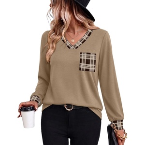 Wiholl V Neck Long Sleeve Shirts Womens Tops Dressy Casual Fall Outfits(Caramel Taupe Plaid)