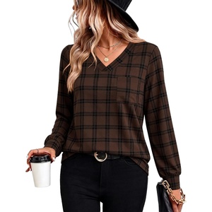 Wiholl V Neck Long Sleeve Shirts Womens Tops Dressy Casual Fall Outfits(Chocolate Brown Plaid)