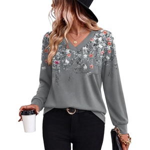 Wiholl V Neck Long Sleeve Shirts Womens Tops Dressy Casual Fall Outfits(Floral Grey)