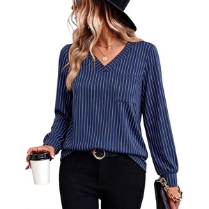 Wiholl V Neck Long Sleeve Shirts Womens Tops Dressy Casual Fall Outfits(Navy Blue Stripe)