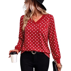 Wiholl V Neck Long Sleeve Shirts Womens Tops Dressy Casual Fall Outfits(Red Polka Dot)
